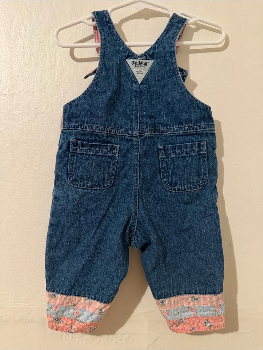Vintage OshKosh B'gosh Dark Blue Denim Overalls with Pink Floral Cuffs